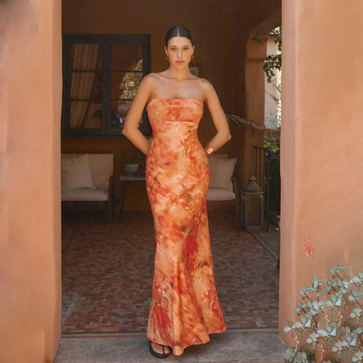 Damer elegant strapless maxikjole med blomsterdesign og tætsiddende snit