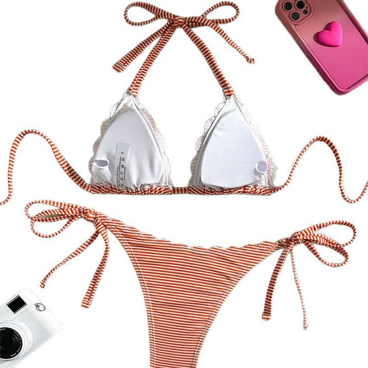 Dame triangel-bikini med legesygt rynkedesign og snorebindinger Skovae