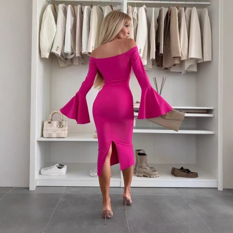 Dame Off-Shoulder Bodycon Midi Kjole med udvidede ærmer Stilla
