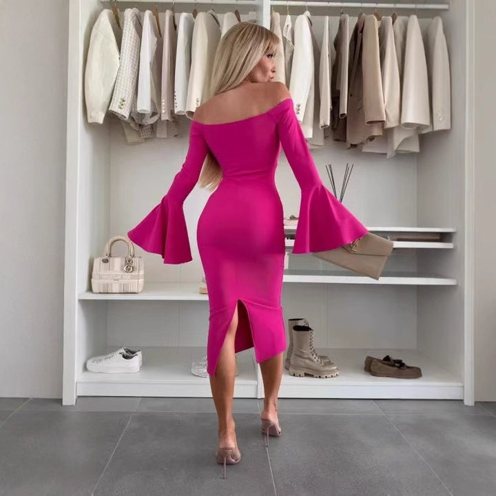 Dame Off-Shoulder Bodycon Midi Kjole med udvidede ærmer Stilla