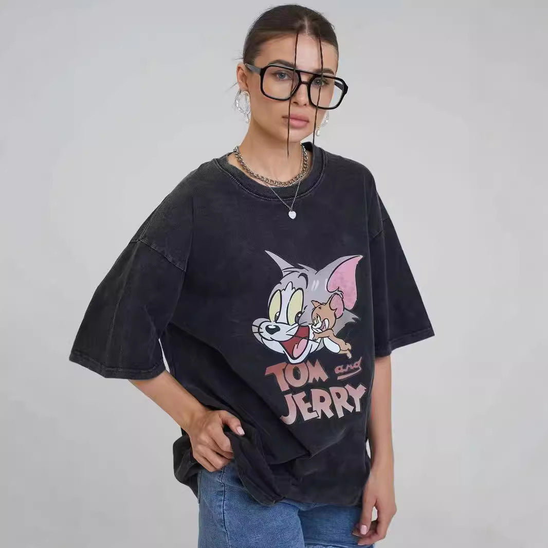 Dame Oversized T-Shirt med afslappet cartoon-tryk og høj kvalitet vintage-effekt Stilla