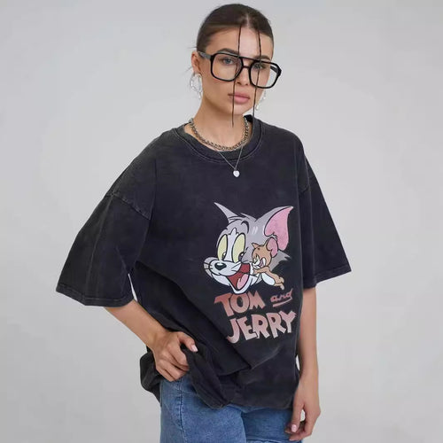 Dame Oversized T-Shirt med afslappet cartoon-tryk og høj kvalitet vintage-effekt Stilla