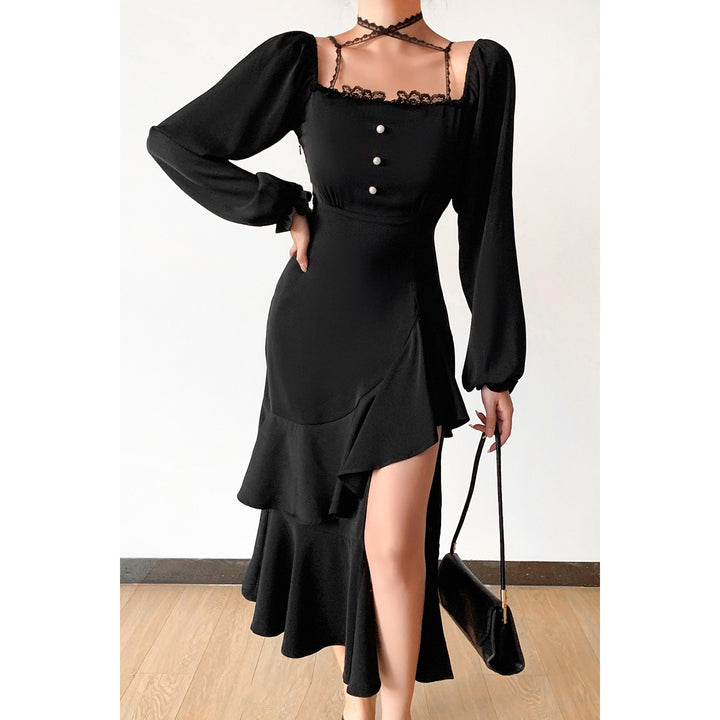 Dame Elegant skåret aftenkjole med ruffles detaljer og dyb slids Stilla