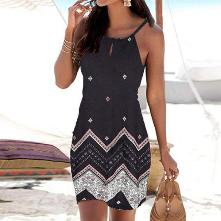 Dame sommer mini kjole med sofistikeret tribal print og justerbare stropper Stilla