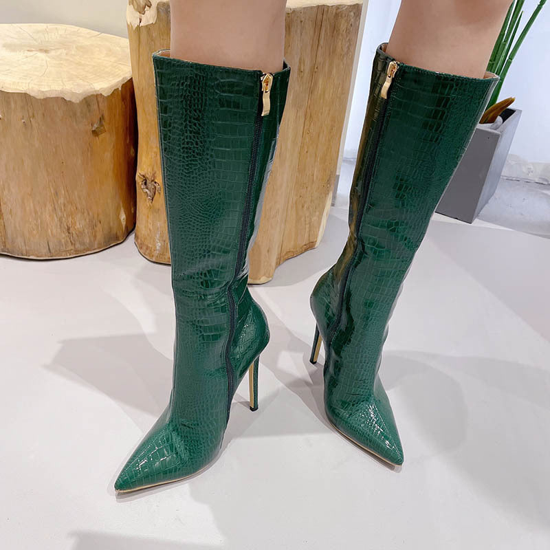 Dame High Heel Overknee Støvler med Krokodilleprægning og elegant Snøring Stilla