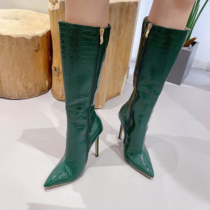 Dame High Heel Overknee Støvler med Krokodilleprægning og elegant Snøring Stilla