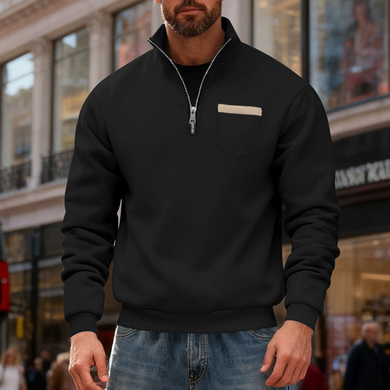 Herren nan sweatshirt med halv lynlås, ståkrave og brystlomme Skovae