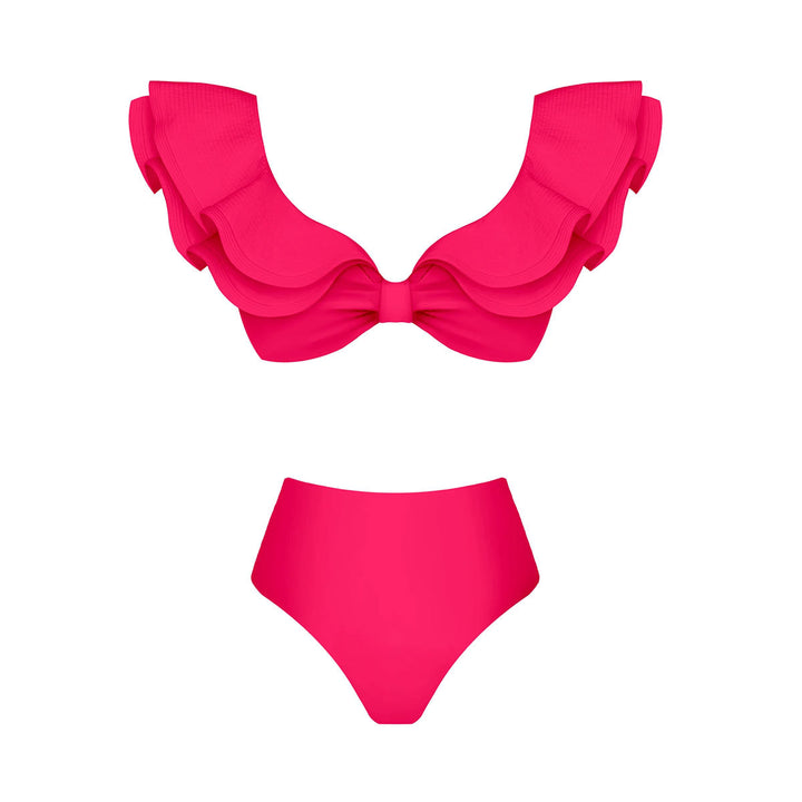 Dame bikini-sæt med dekorative flæsedetaljer og høj talje Stilla