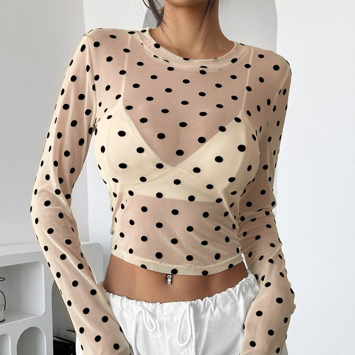 Dame Transparent Langærmet Bluse med Dots Skovae