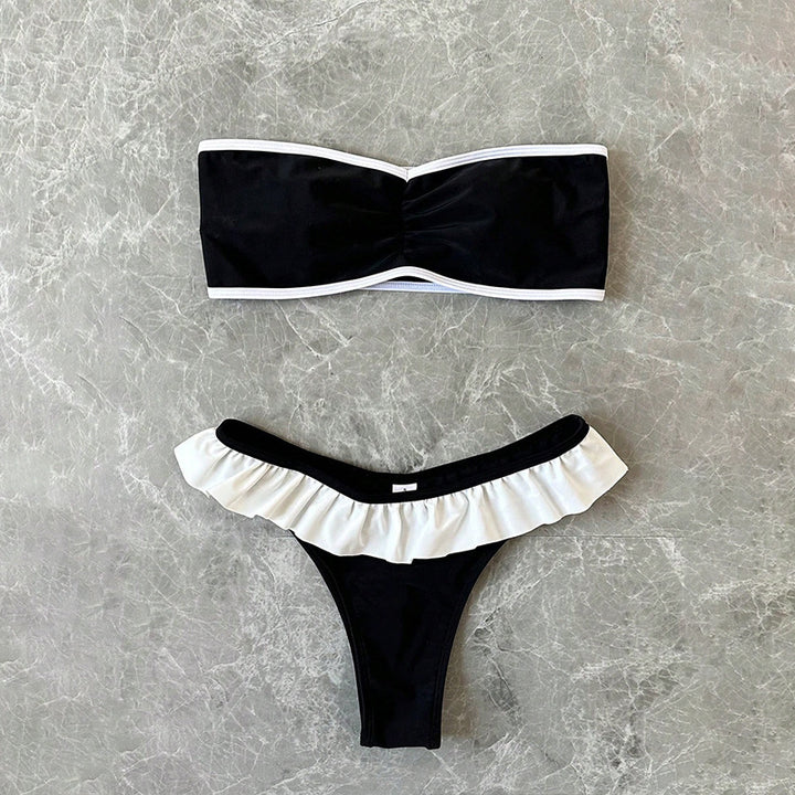 Dame Bandeau-Bikini-sæt med elegante flæser og kontrasterende accenter Stilla