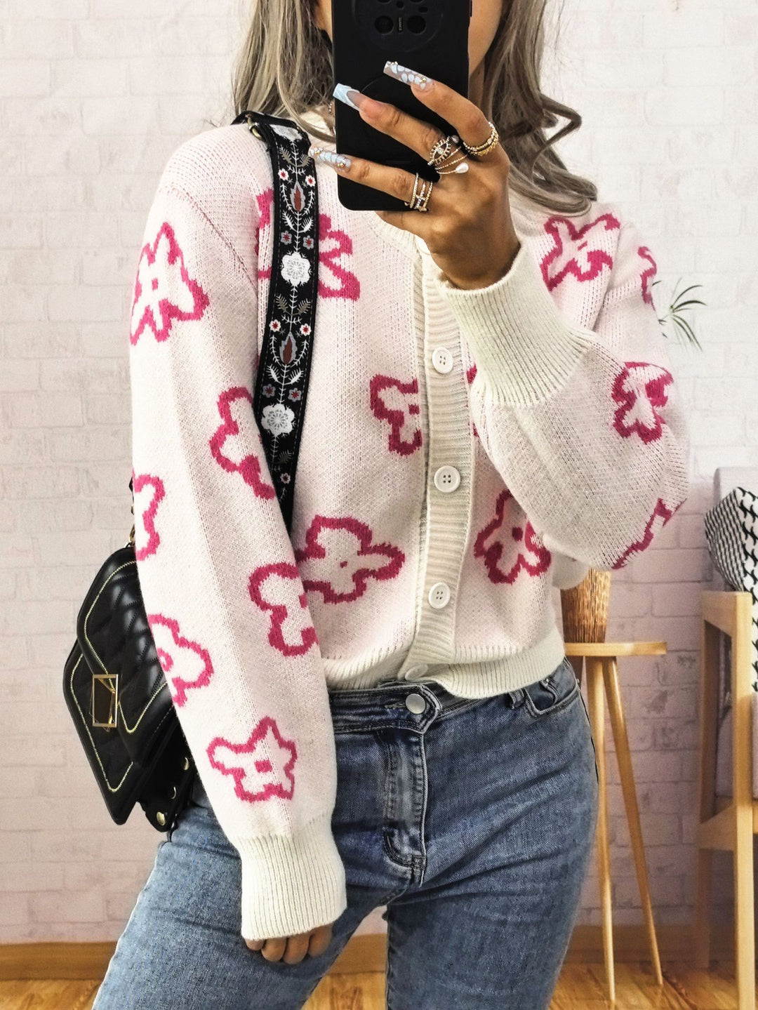 Damer komfortabel cardigan med blomsterdesign Stilla
