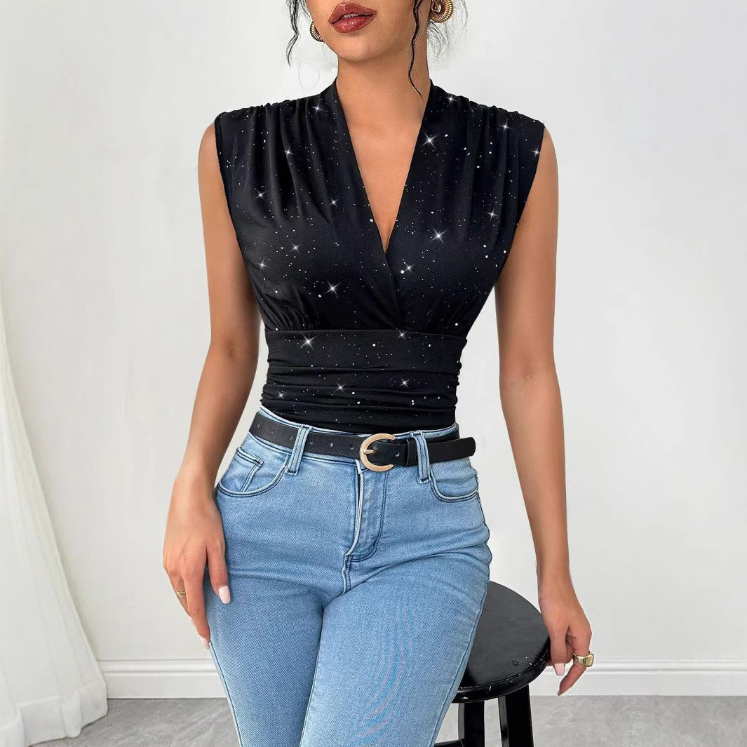 Dame Elegant top med omslagdesign og stjerne-look Stilla