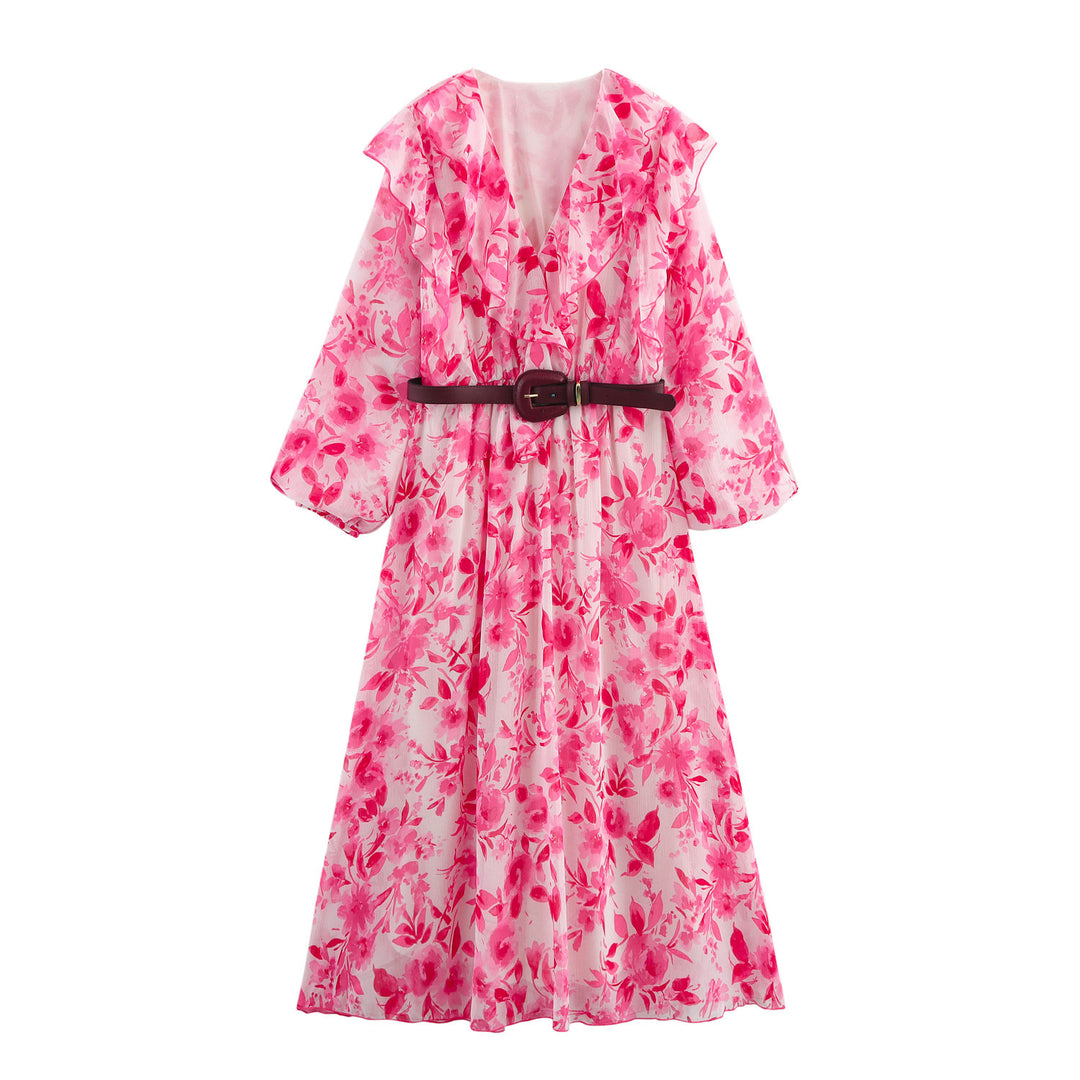 Femme Floral Maxi Kjole med Flæsekanter og Bælte Stilla