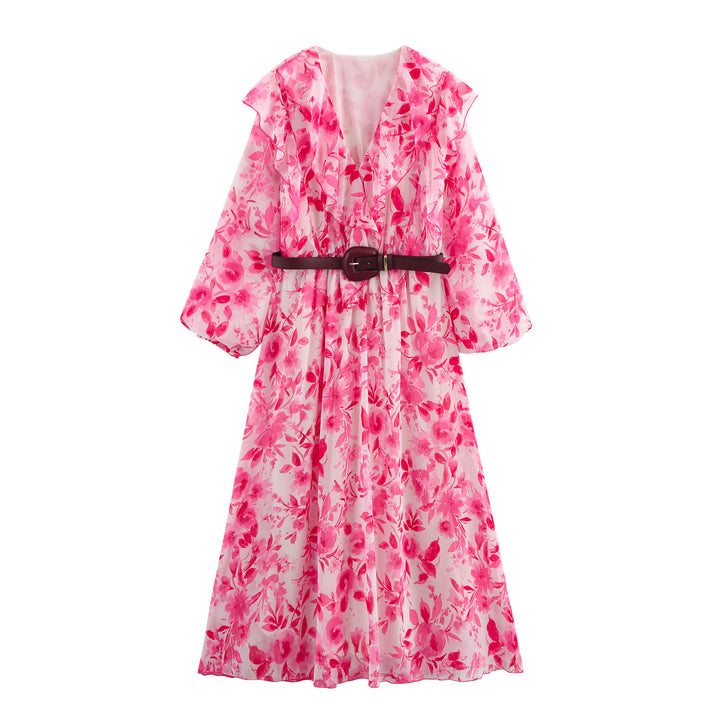 Femme Floral Maxi Kjole med Flæsekanter og Bælte Stilla