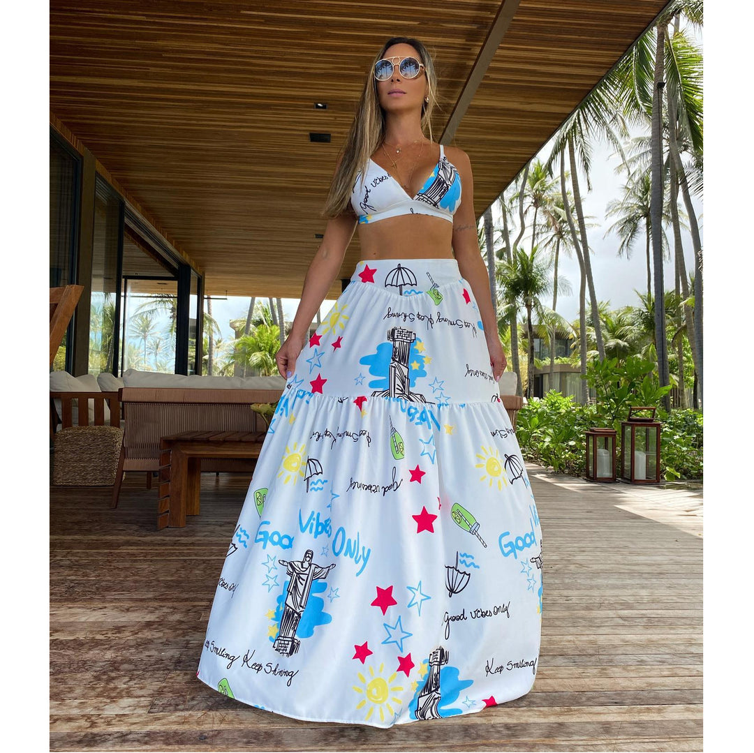 Dame Maxi-nederdel med blomster- og grafisk design Stilla