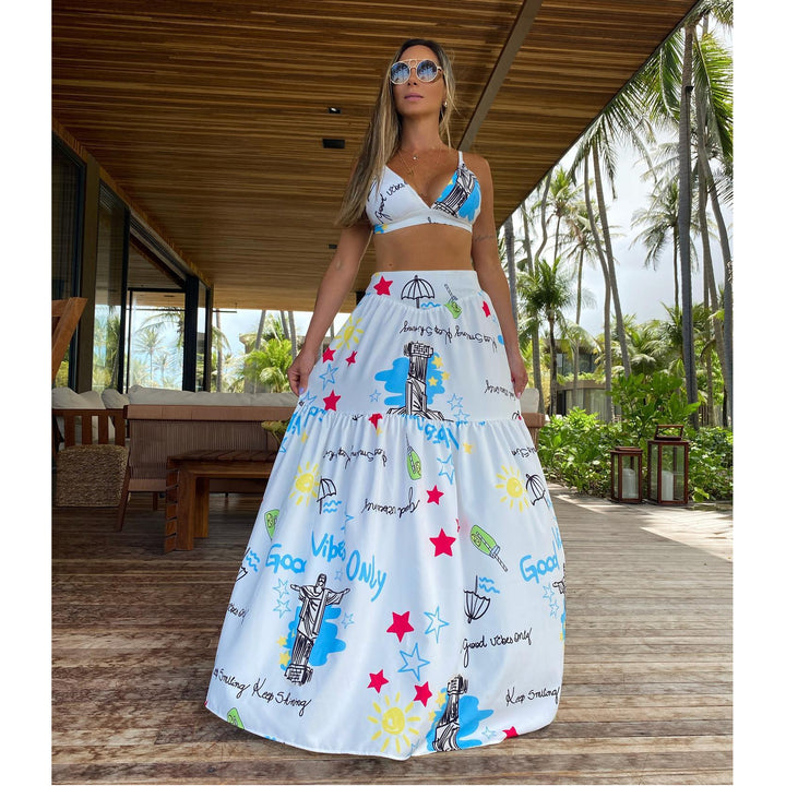 Dame Maxi-nederdel med blomster- og grafisk design Stilla