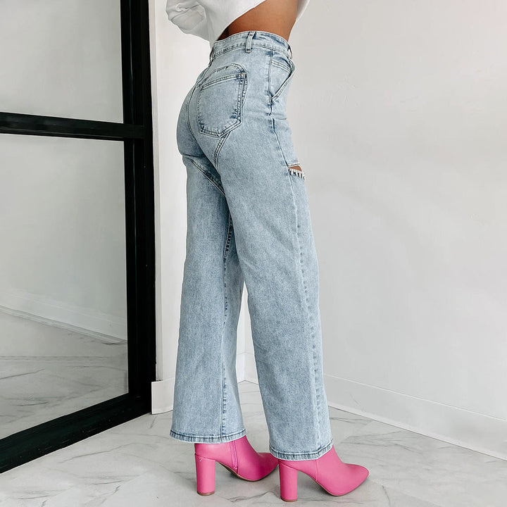Stilla | Løs Nitte Rippet Straight Leg Dame Jeans