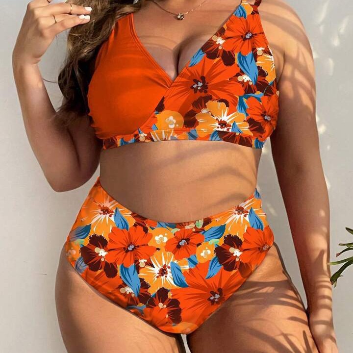 Damer Højskåret Bikini med Vikledesign og blomster mønster Skovae