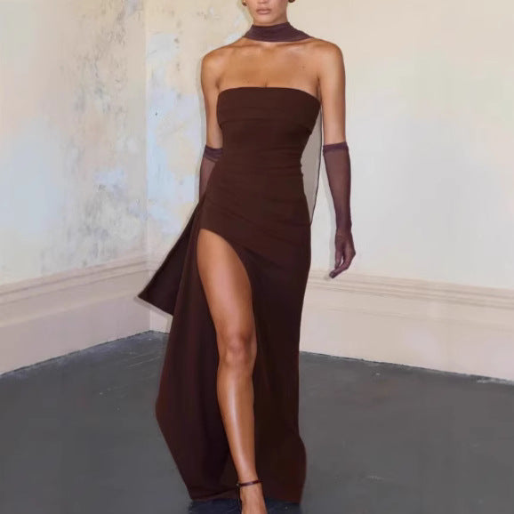 Femme Strapless Rüschen Satin Aftenkjole med Slids Stilla