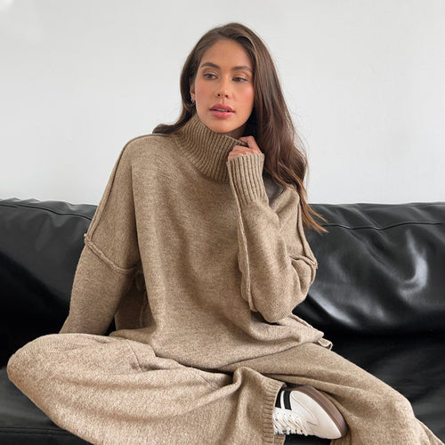 Dame Elegant Strik Ensemble med Høj Krave og løs pasform Stilla