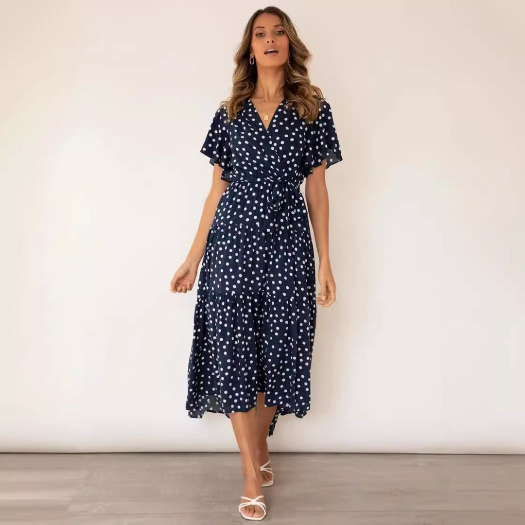 Dame Vintage Inspireret Polka Dot Maxi Kjole med Bindebånd Detalje Stilla