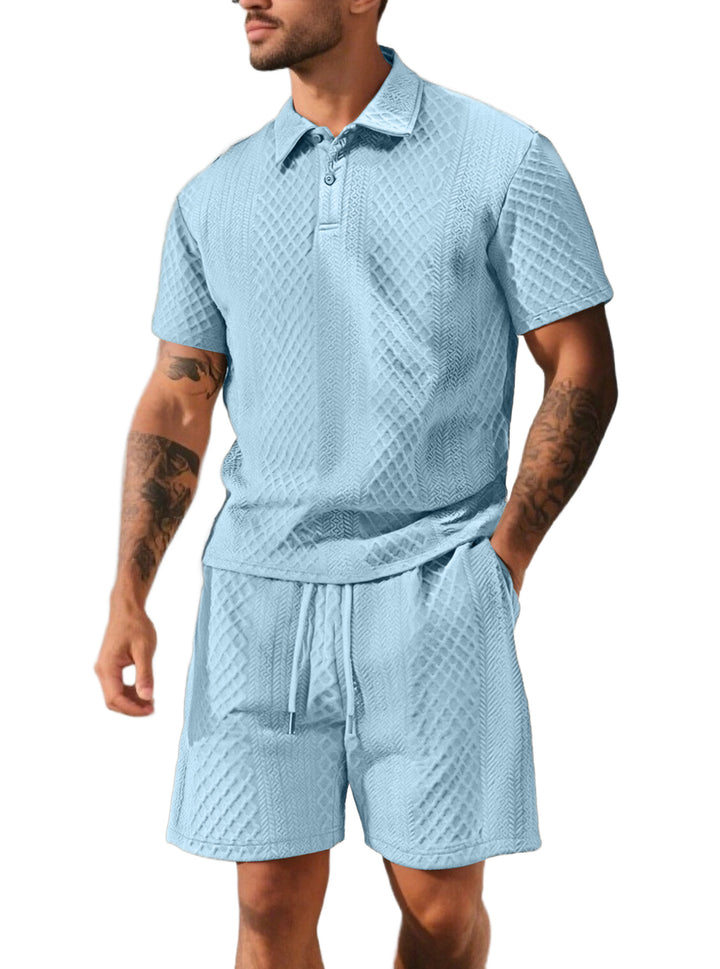 Herrer nan struktureret polo-shirt- og bermuda-shorts-sæt fra quiltet bomuldsblanding Skovae