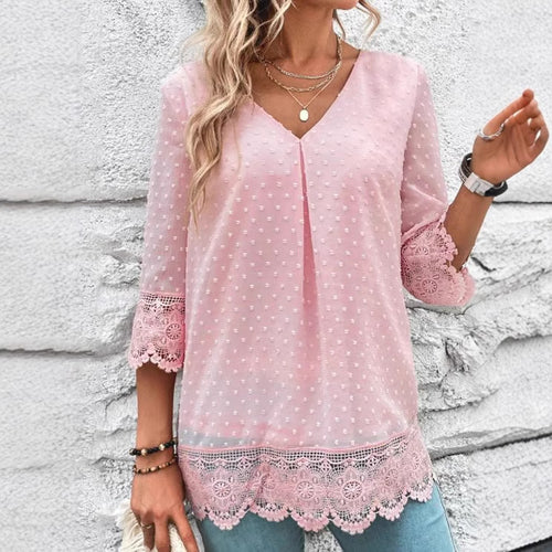 Dame nan transparent Chiffonbluse med prikstruktur, spidsbesætning, V-hals og trekvartærmer Skovae