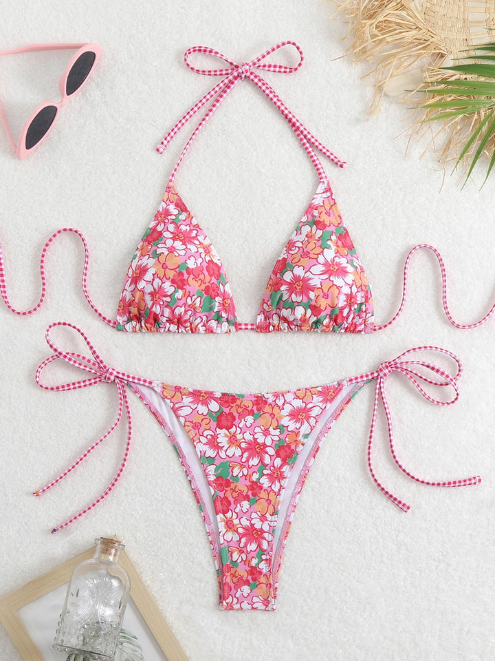 Dame Triangel-Bikini-Sæt med legesygt blomsterprint og fine bindebånd Skovae