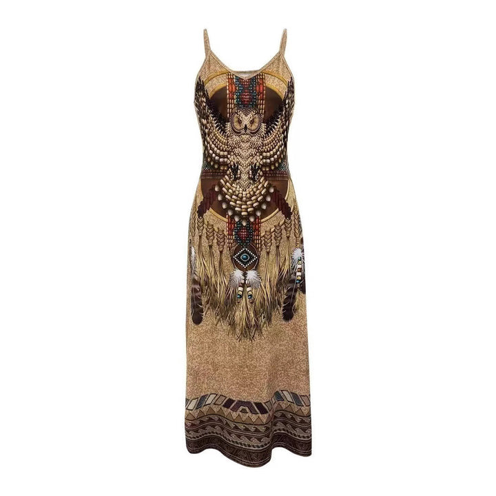 Dame maxikjole med kunstnerisk tribal design og flydende snit Stilla