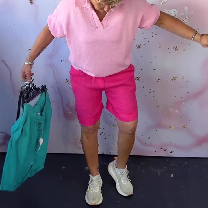 Dame nano Linned shorts med ophængt kant, knap- og lynlåslukning samt sidelommer Skovae