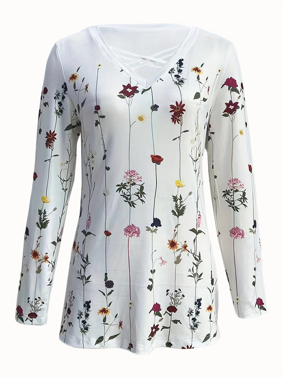 Dame langærmet skjorte med blomsterprint og V-udskæring Stilla