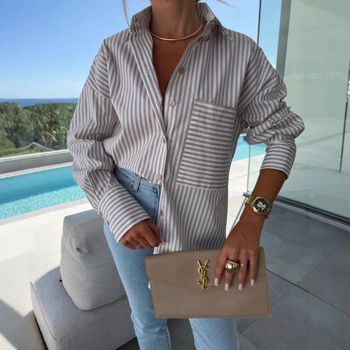 Damer casual skjorte bluse med klassisk stribemønster og påsat brystlomme Stilla