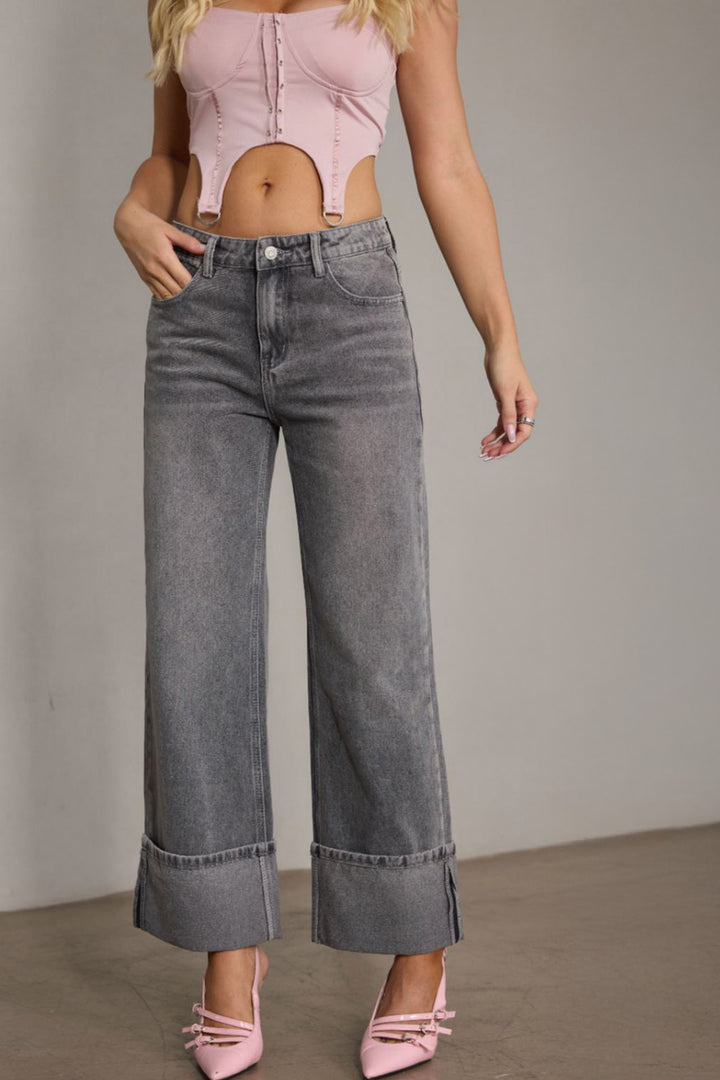 Dame brede jeans med frynset sømme og høj talje Stilla
