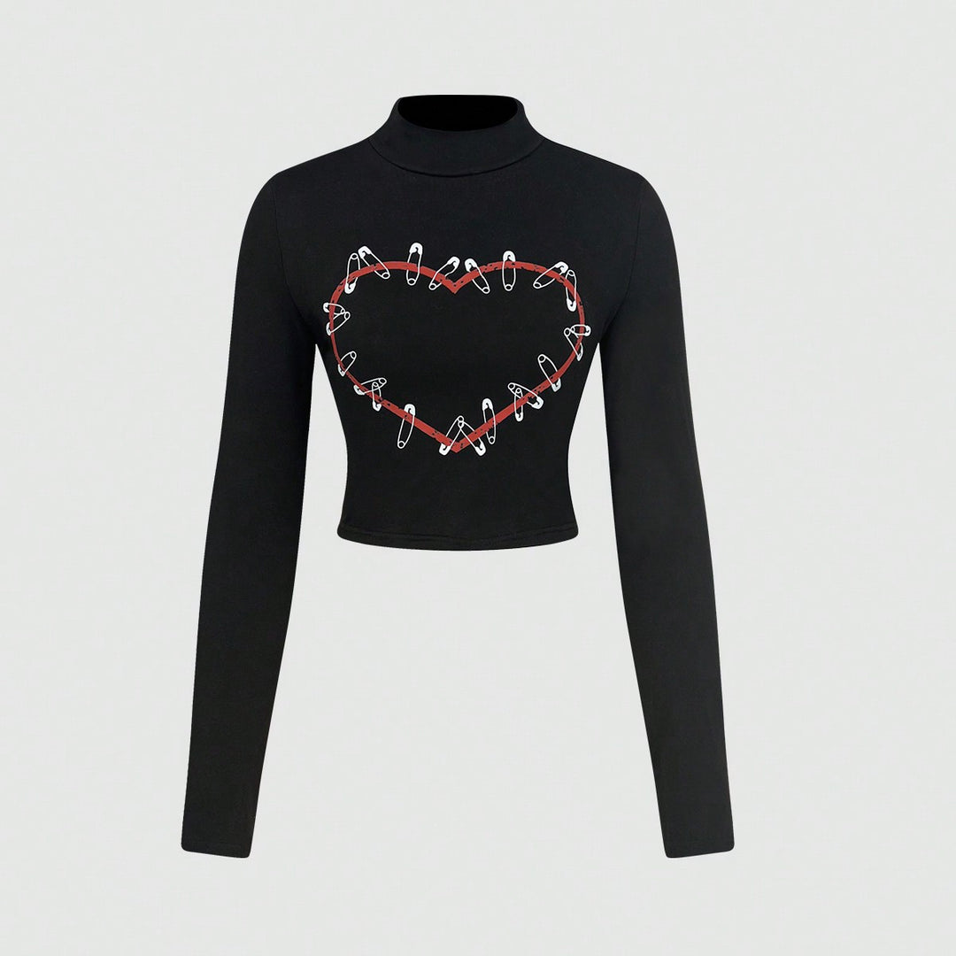 Kvindernes langærmede crop top med kreativt hjerte design Stilla