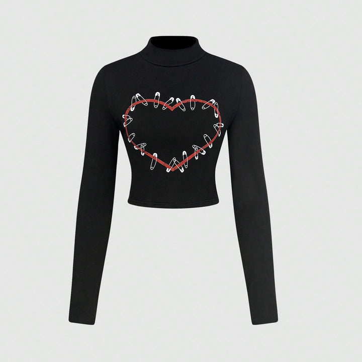Kvindernes langærmede crop top med kreativt hjerte design Stilla