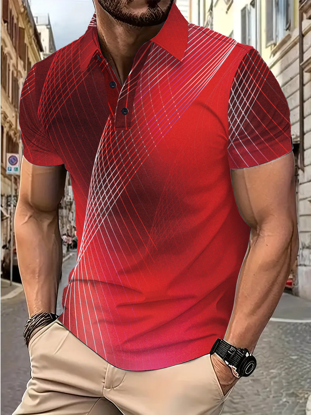 Herrer polo t-shirt med moderne grafisk linjemønster og åndbare egenskaber Stilla