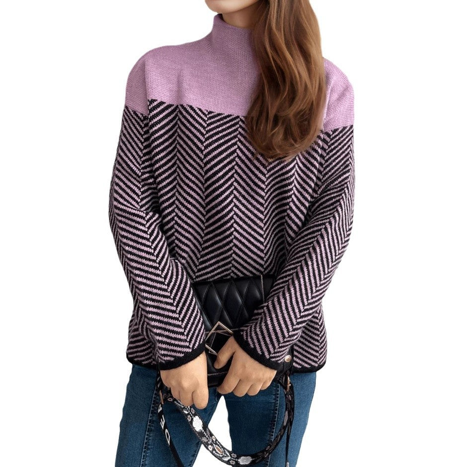 Kvinders hyggelige rullekrave sweater med moderne herringbone mønster og elastiske manchetter Stilla
