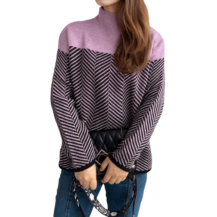 Kvinders hyggelige rullekrave sweater med moderne herringbone mønster og elastiske manchetter Stilla