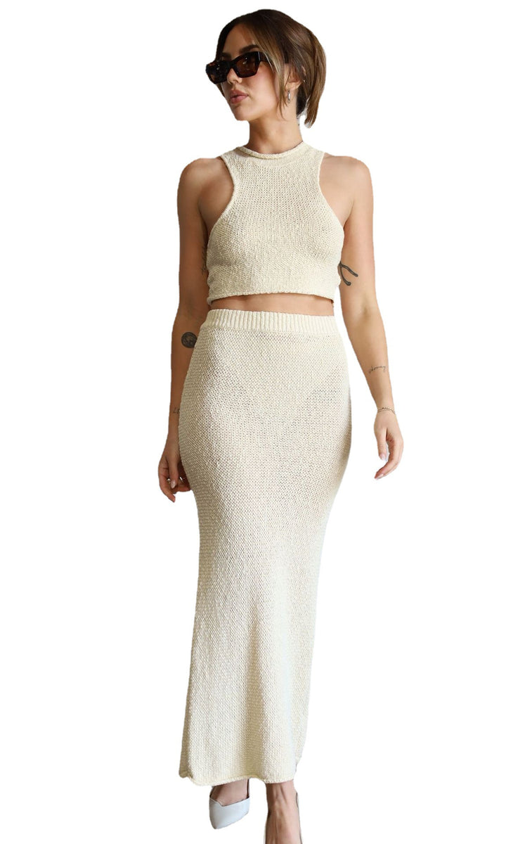 Dame elegant strik crop top og maxiskirt sæt Skovae