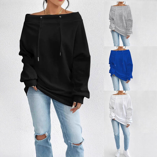 Kvinders afslappede oversized pullover med åben krave og praktiske snore