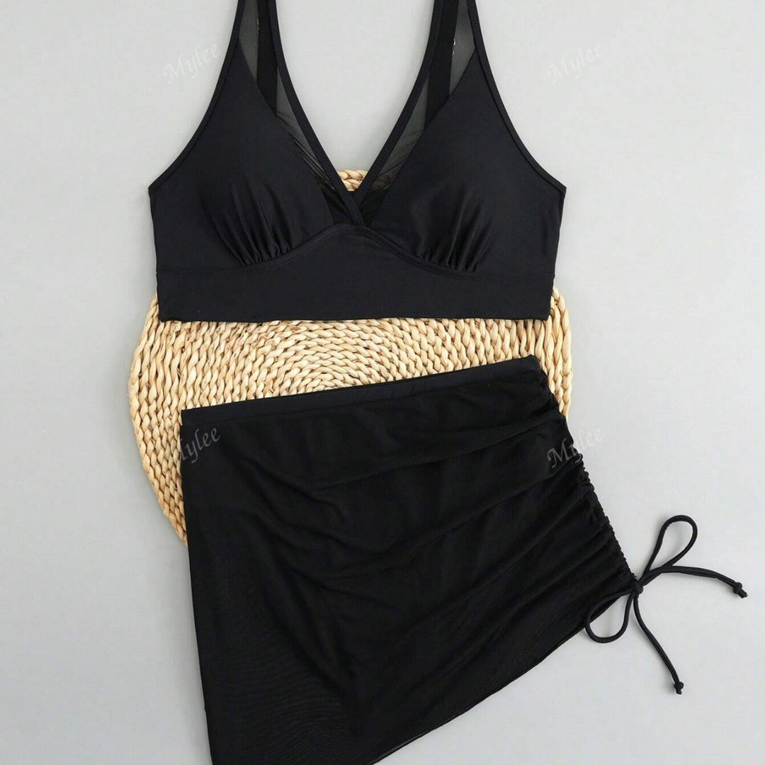 Dame Bikiniset med gennemsigtig omslagsskjørt og trendy stropdesign Skovae