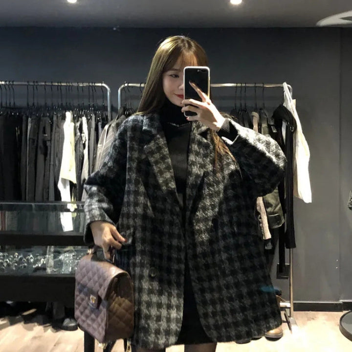 Kvinder Oversized Ternet Frakke med Dobbelt Knaplukning Skovae
