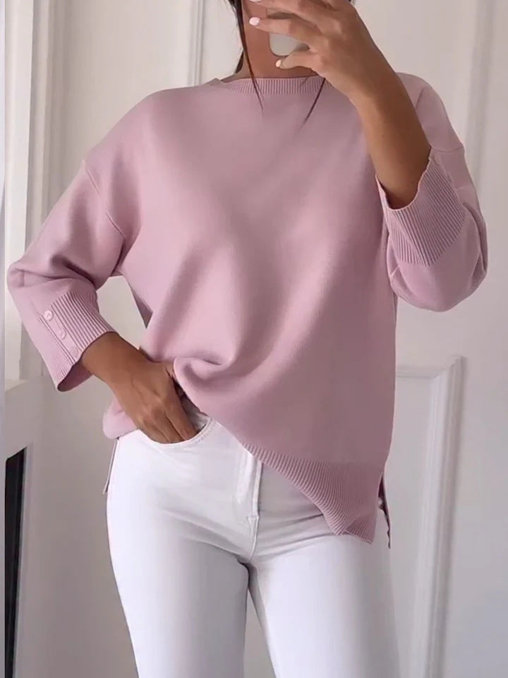 Kvindernes Casual Oversized Sweater med Asymmetrisk Snit og Knapdetaljer Skovae