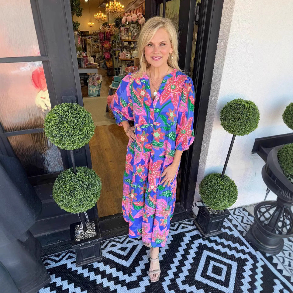 Dame Maxikjole med farverigt blomsterdesign Stilla