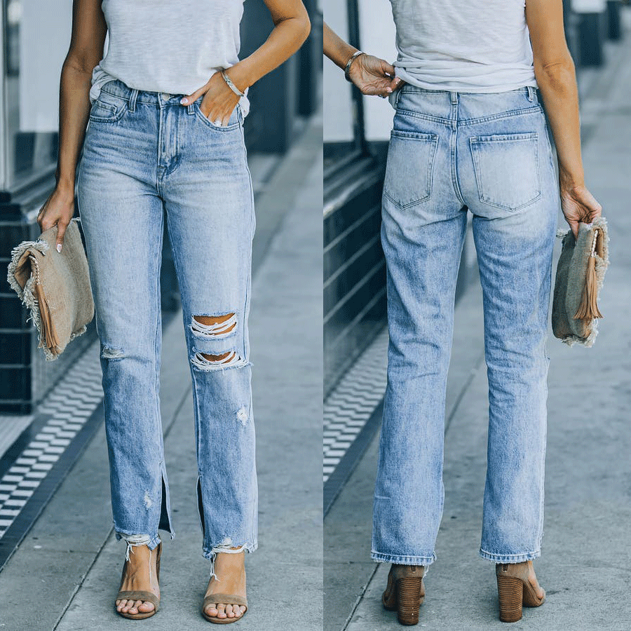 Dame High-Waist Jeans med frayed afslutninger og ripped-detaljer Stilla
