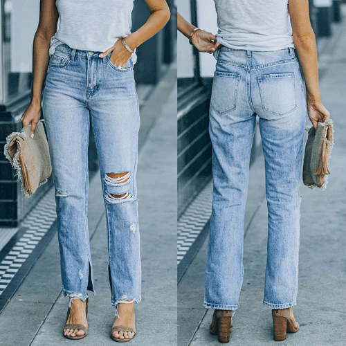 Dame High-Waist Jeans med frayed afslutninger og ripped-detaljer Stilla