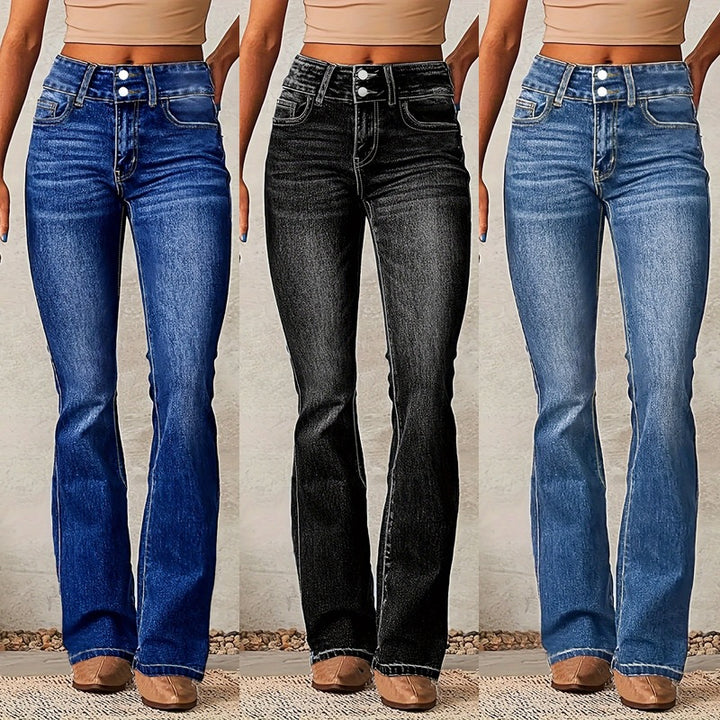 Dame Højskåret Flared Jeans med figurformende snit og fashionable knapdetaljer Stilla
