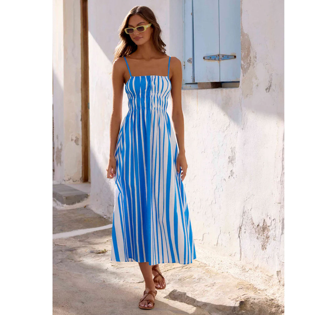 Women's summer maxi dress with narrow straps and sophisticated striped pattern Skovae
