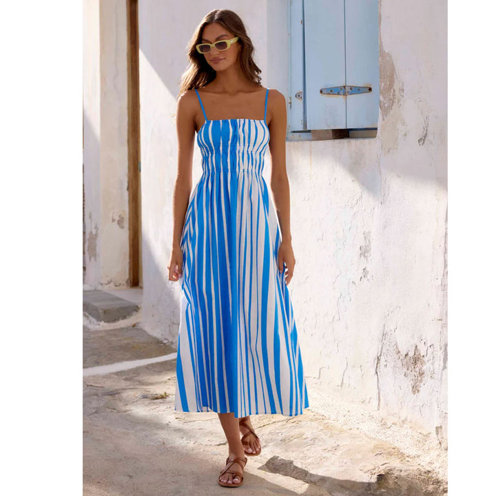 Women's summer maxi dress with narrow straps and sophisticated striped pattern Skovae