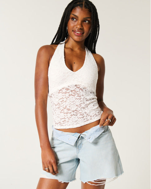 Dame Halter Neck Spids-Crop-Top Stilla